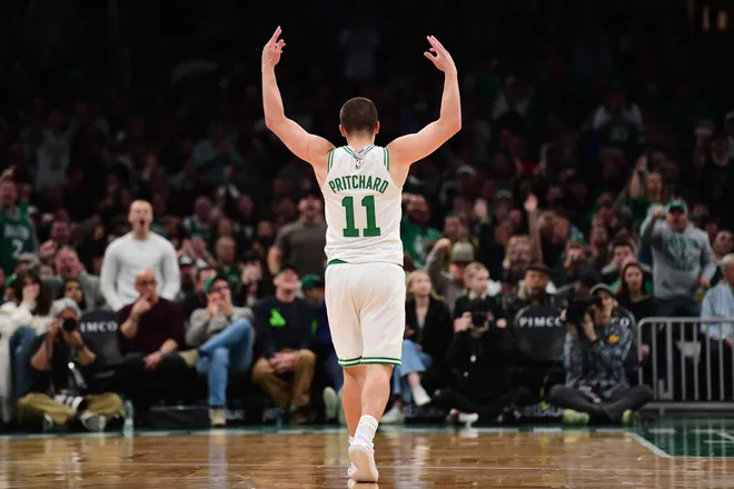 Mar 27, 2026; Boston, Massachusetts, USA; Boston Celtics guard Payton Pritchard (11) reacts after making a basket during the second half against the Atlanta Hawks at TD Garden. Mandatory Credit: Bob DeChiara-Imagn Images