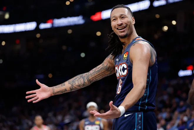 Mar 27, 2026; Oklahoma City, Oklahoma, USA; Oklahoma City Thunder forward Jaylin Williams (6) smiles after play against the Chicago Bulls during the second half at Paycom Center. Mandatory Credit: Alonzo Adams-Imagn Images