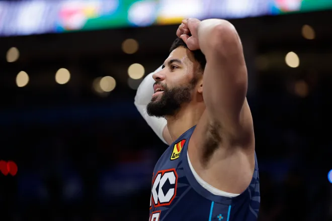 Mar 27, 2026; Oklahoma City, Oklahoma, USA; Oklahoma City Thunder guard Ajay Mitchell (25) reacts after a play against the Chicago Bulls during the second half at Paycom Center. Mandatory Credit: Alonzo Adams-Imagn Images