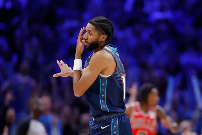 Mar 27, 2026; Oklahoma City, Oklahoma, USA; Oklahoma City Thunder guard Isaiah Joe (11) gestures after scoring against the Chicago Bulls during the second half at Paycom Center. Mandatory Credit: Alonzo Adams-Imagn Images