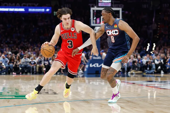 Mar 27, 2026; Oklahoma City, Oklahoma, USA; Chicago Bulls guard Josh Giddey (3) drives around Oklahoma City Thunder guard Jalen Williams (8) during the second half at Paycom Center. Mandatory Credit: Alonzo Adams-Imagn Images