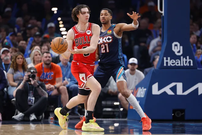 Mar 27, 2026; Oklahoma City, Oklahoma, USA; Chicago Bulls guard Josh Giddey (3) moves the ball as Oklahoma City Thunder guard Aaron Wiggins (21) defends during the first quarter at Paycom Center. Mandatory Credit: Alonzo Adams-Imagn Images