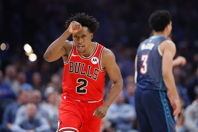Mar 27, 2026; Oklahoma City, Oklahoma, USA; Chicago Bulls guard Collin Sexton (2) gestures after scoring against the Oklahoma City Thunder during the first quarter at Paycom Center. Mandatory Credit: Alonzo Adams-Imagn Images