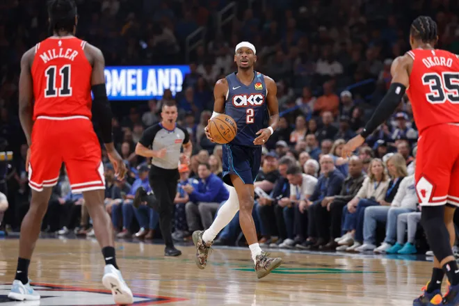 Mar 27, 2026; Oklahoma City, Oklahoma, USA; Oklahoma City Thunder guard Shai Gilgeous-Alexander (2) dribbles down the court against the Chicago Bulls during the first quarter at Paycom Center. Mandatory Credit: Alonzo Adams-Imagn Images