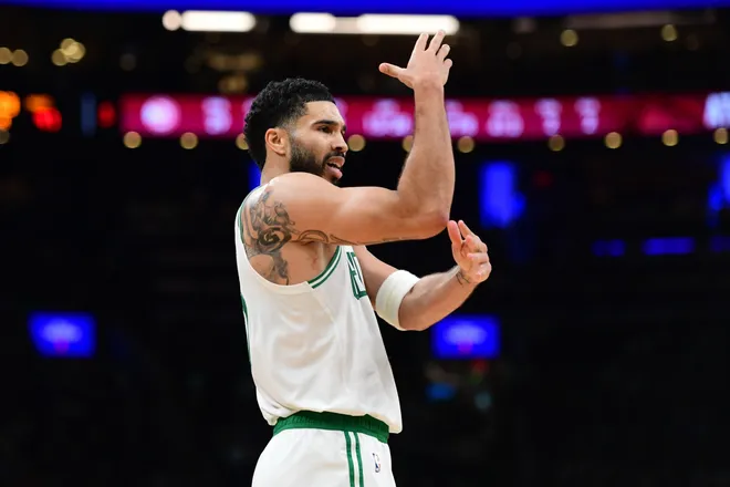 Mar 27, 2026; Boston, Massachusetts, USA; Boston Celtics forward Jayson Tatum (0) reacts after a play during the second half against the Atlanta Hawks at TD Garden. Mandatory Credit: Bob DeChiara-Imagn Images