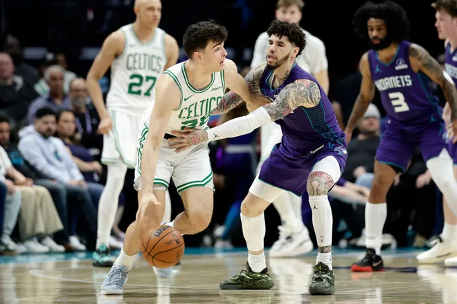 Mar 29, 2026; Charlotte, North Carolina, USA; Boston Celtics guard Hugo González (28) keeps the ball away from Charlotte Hornets guard LaMelo Ball (1) during the second half at Spectrum Center. Mandatory Credit: Brian Westerholt-Imagn Images