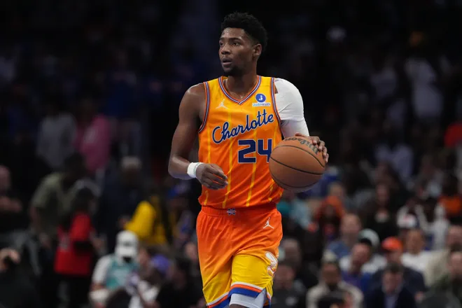 Mar 26, 2026; Charlotte, North Carolina, USA; Charlotte Hornets forward Brandon Miller (24) brings the ball up court against the New York Knicks during the second quarter at the Spectrum Center. Mandatory Credit: Jim Dedmon-Imagn Images