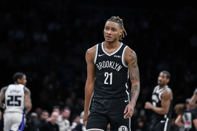 Mar 29, 2026; Brooklyn, New York, USA; Brooklyn Nets forward/center Noah Clowney (21) during the first half against the Sacramento Kings at Barclays Center. Mandatory Credit: John Jones-Imagn Images