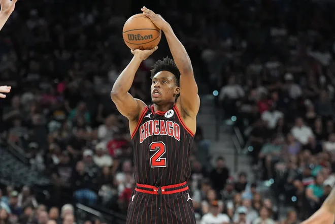 Mar 30, 2026; San Antonio, Texas, USA; Chicago Bulls guard Collin Sexton (2) shoots in the first half against the San Antonio Spurs at Frost Bank Center. Mandatory Credit: Daniel Dunn-Imagn Images