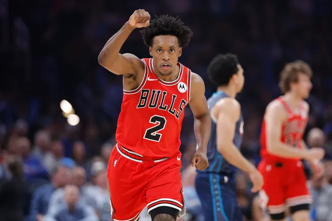 Mar 27, 2026; Oklahoma City, Oklahoma, USA; Chicago Bulls guard Collin Sexton (2) gestures after scoring against the Oklahoma City Thunder during the first quarter at Paycom Center. Mandatory Credit: Alonzo Adams-Imagn Images