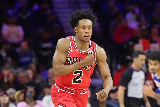 Mar 25, 2026; Philadelphia, Pennsylvania, USA; Chicago Bulls guard Collin Sexton (2) reacts after scoring against the Philadelphia 76ers during the first quarter at Xfinity Mobile Arena. Mandatory Credit: Bill Streicher-Imagn Images