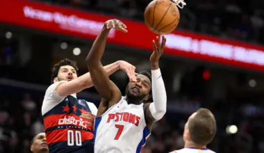 WASHINGTON — Sun Tzu once said, “The enemy cannot dunk if he cannot see”: Detroit Pistons forward Paul Reed (7) and Washington Wizards forward Tristan Vukcevic (00) battle for the ball during the first half of an NBA basketball game, Thursday, March 19, 2026, in Washington. Photo: Nick Wass/AP