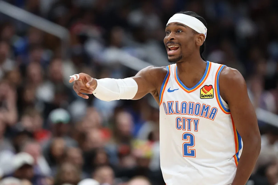WASHINGTON, DC - MARCH 21: Shai Gilgeous-Alexander #2 of the Oklahoma City Thunder points against the Washington Wizards during the first half at Capital One Arena on March 21, 2026 in Washington, DC. NOTE TO USER: User expressly acknowledges and agrees that, by downloading and or using this photograph, User is consenting to the terms and conditions of the Getty Images License Agreement. (Photo by Patrick Smith/Getty Images)