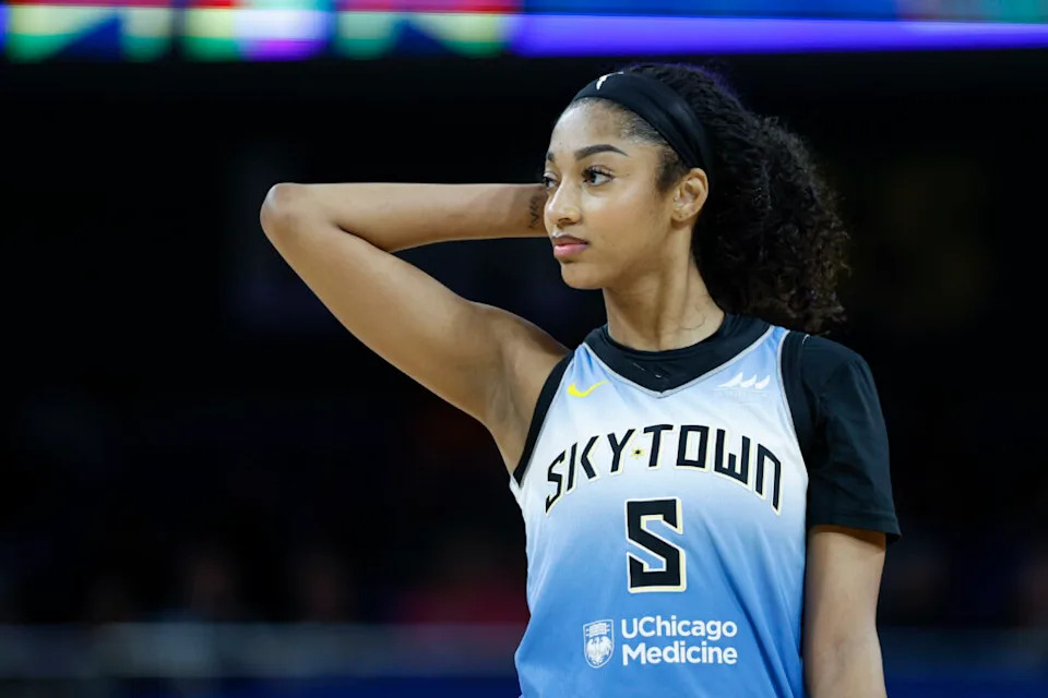 Sep 3, 2025; Chicago, Illinois, USA; Chicago Sky forward Angel Reese (5) walks on the court during the second half of a WNBA game against the Connecticut Sun at Wintrust Arena. Mandatory Credit: Kamil Krzaczynski-Imagn Images