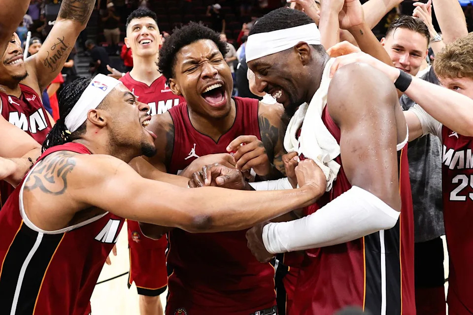 Bam Adebayo of the Miami Heat celebrates with teammates after a 150-129 win against the Washington Wizards at Kaseya Center on March 10, 2026 in Miami, FloridaCredit: Megan Briggs/Getty