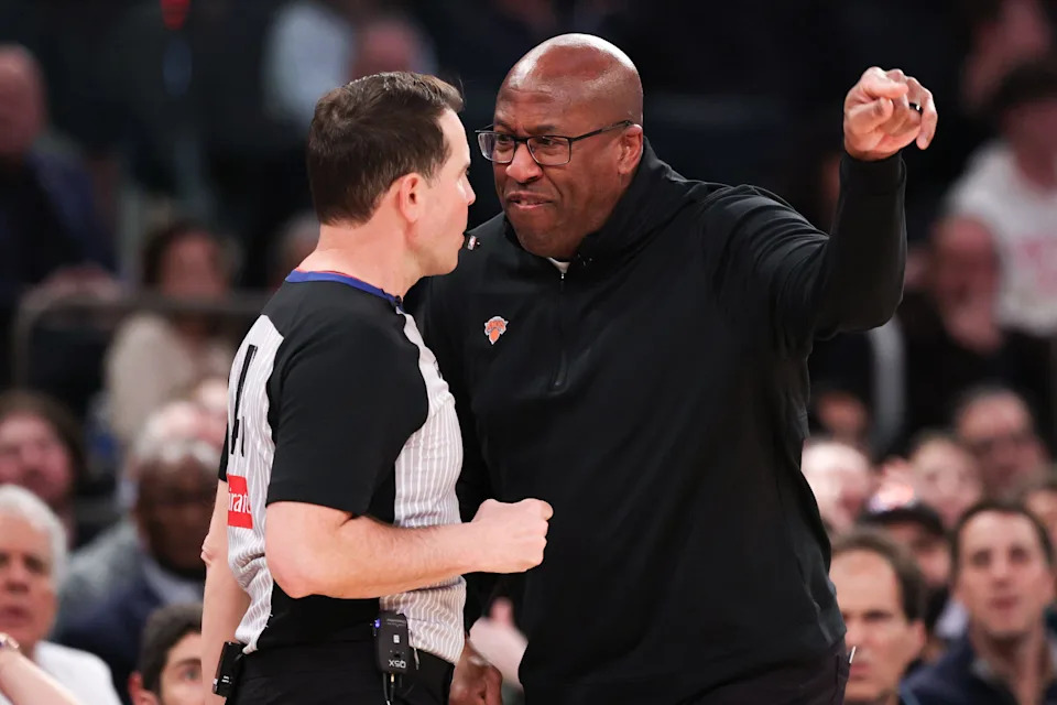 Mar 4, 2026; New York, New York, USA; New York Knicks head coach Mike Brown argues with referee Brian Forte (45) during the first half against the Oklahoma City Thunder at Madison Square Garden. Mandatory Credit: Vincent Carchietta-Imagn Images