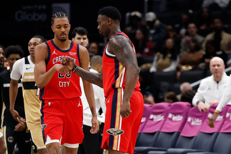 New Orleans Pelicans forward Trey Murphy III (25) celebrates with Pelicans forward Zion Williamson (1)Geoff Burke-Imagn Images