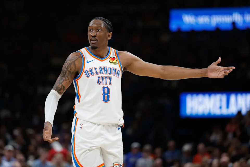 Mar 29, 2026; Oklahoma City, Oklahoma, USA; Oklahoma City Thunder guard Jalen Williams (8) gestures after a play against the New York Knicks during the second half at Paycom Center. Mandatory Credit: Alonzo Adams-Imagn Images
