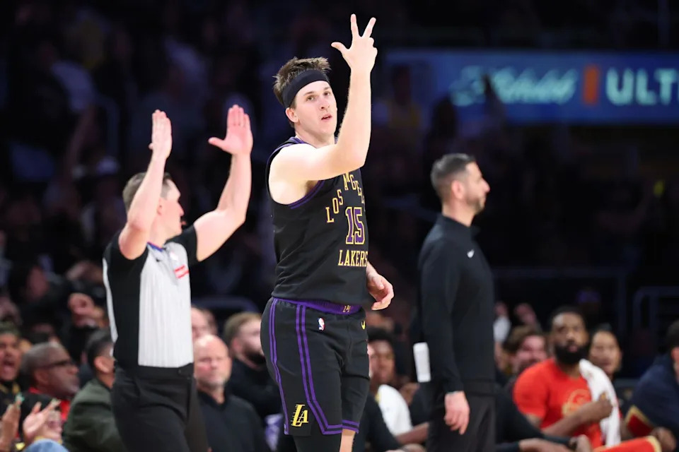 Austin Reaves celebrates after making a three-pointer in the second half.