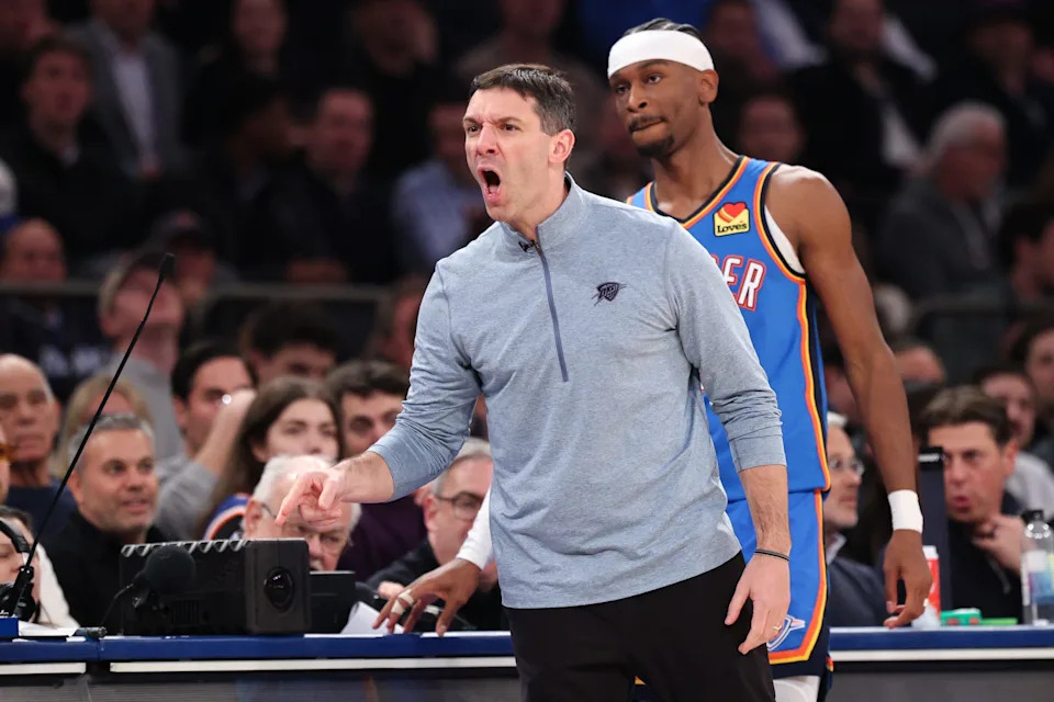 Mar 4, 2026; New York, New York, USA; Oklahoma City Thunder head coach Mark Daigneault reacts during the first half against the New York Knicks at Madison Square Garden. Mandatory Credit: Vincent Carchietta-Imagn Images