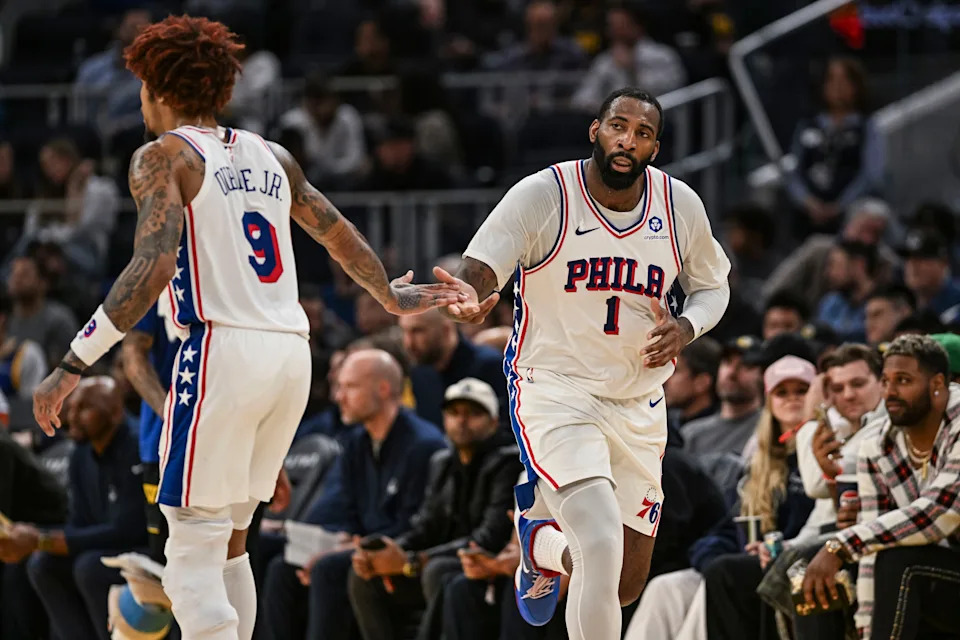 Feb 3, 2026; San Francisco, California, USA; Philadelphia 76ers center Andre Drummond (1) and Philadelphia 76ers guard Kelly Oubre Jr. (9) high five during the fourth period against the Golden State Warriors at Chase Center. Mandatory Credit: Justine Willard-Imagn Images