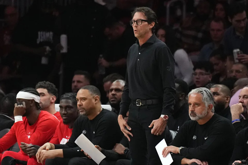 Atlanta Hawks head coach Quinn Snyder keeps an eye on his team against the Miami Heat in the first half at Kaseya Center. Jim Rassol-Imagn Images