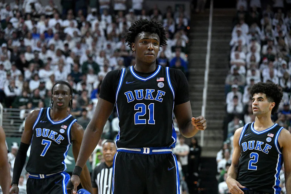 Dec 6, 2025; East Lansing, Michigan, USA; Duke Blue Devils center Patrick Ngongba (21) during the first half against the Michigan State Spartans at Jack Breslin Student Events Center. Mandatory Credit: Dale Young-Imagn Images