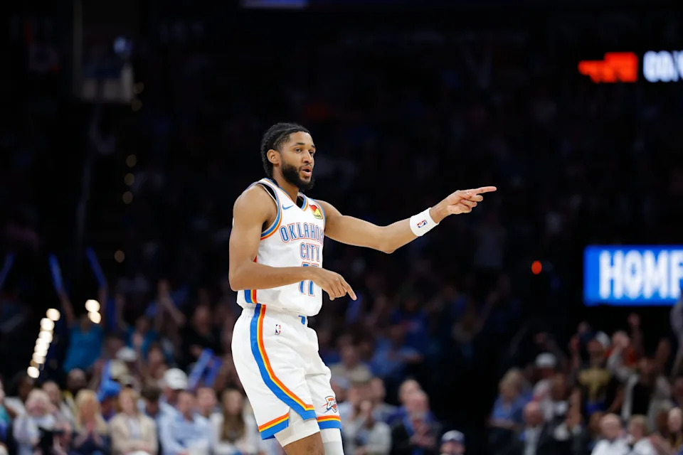 Mar 29, 2026; Oklahoma City, Oklahoma, USA; Oklahoma City Thunder guard Isaiah Joe (11) reacts after scoring against the New York Knicks during the second half at Paycom Center. Mandatory Credit: Alonzo Adams-Imagn Images