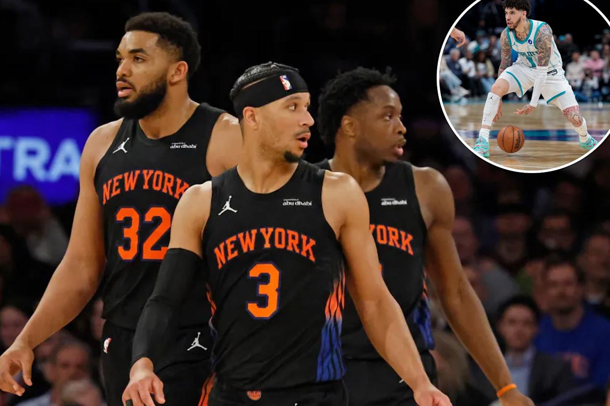 An image collage containing 2 images, Image 1 shows New York Knicks guard Josh Hart along with New York Knicks center Karl-Anthony Towns and New York Knicks forward Og Anunoby react on the court during the third quarter at Madison Square Garden in New York, New York, USA, Tuesday, March 24, 2026, Image 2 shows Charlotte Hornets guard LaMelo Ball (1) handles the ball against the Sacramento Kings during the second half at Spectrum Center