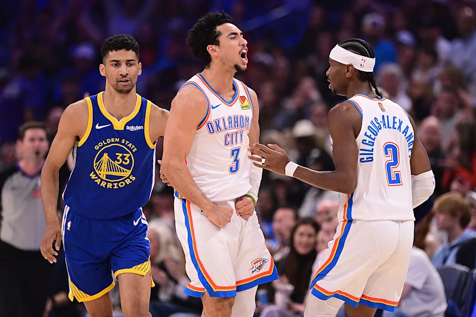 OKLAHOMA CITY, OKLAHOMA - MARCH 7: Jared McCain #3 of the Oklahoma City Thunder celebrates a made basket during the first half against the Golden State Warriors at Paycom Center on March 7, 2026 in Oklahoma City, Oklahoma. NOTE TO USER: User expressly acknowledges and agrees that, by downloading and or using this photograph, User is consenting to the terms and conditions of the Getty Images License Agreement. (Photo by Joshua Gateley/Getty Images)