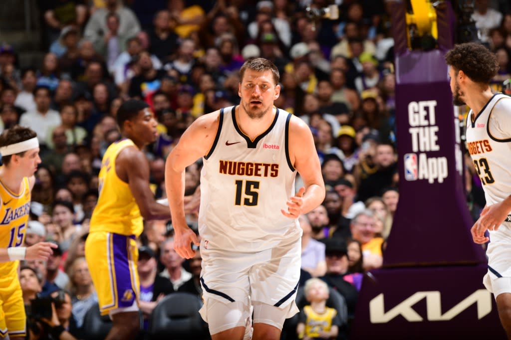 Nikola Jokic of the Denver Nuggets looks on during the game against the Los Angeles Lakers on March 14, 2026 at Crypto.Com Arena in Los Angeles, California. NBAE via Getty Images