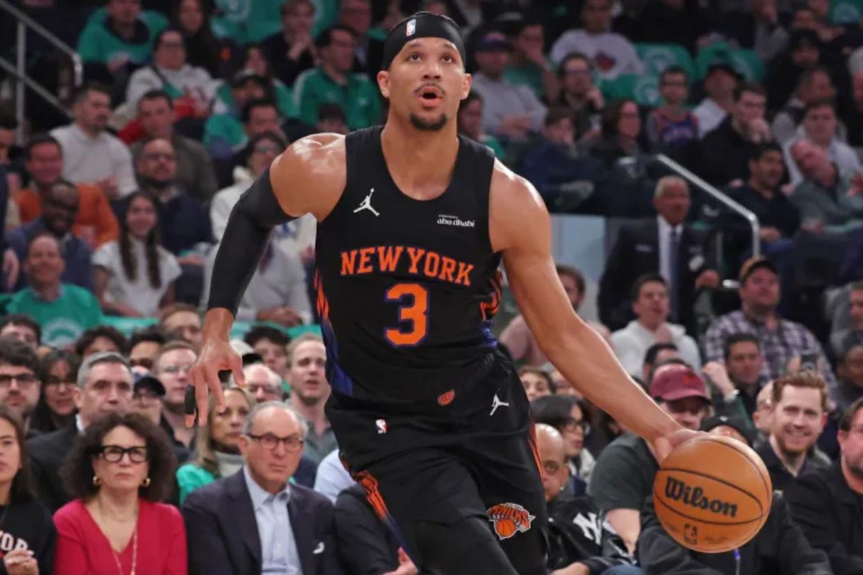 An image collage containing 1 images, Image 1 shows Knicks veteran Josh Hart won't play against the Nets due to a patella femoral syndrome in his right knee