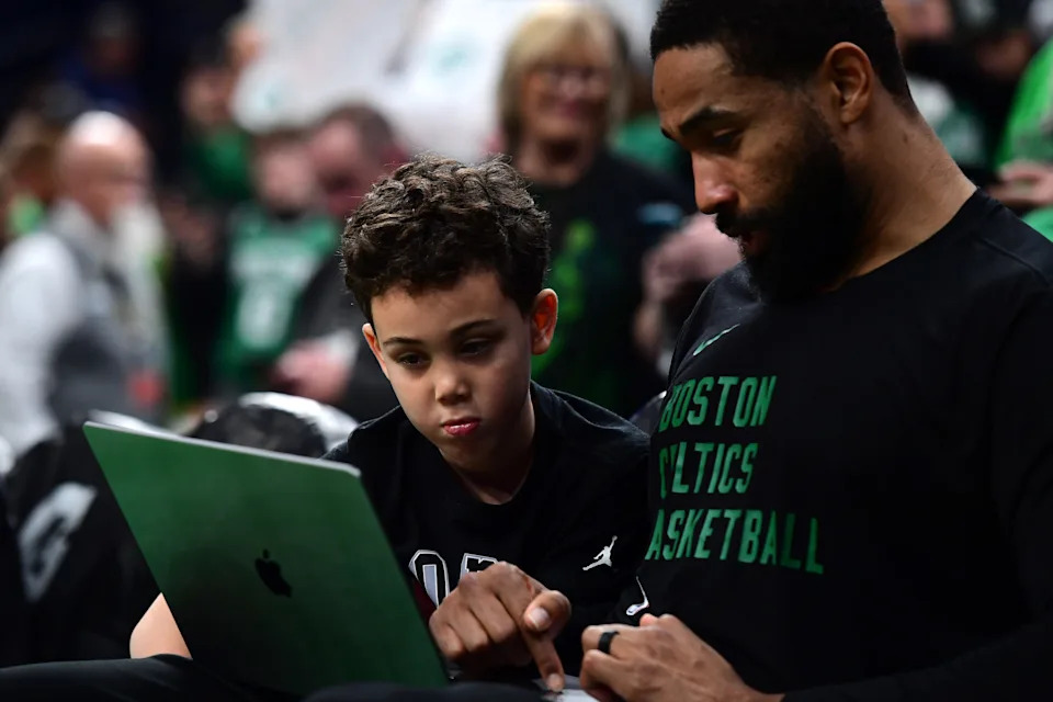 Dec 29, 2024; Boston, Massachusetts, USA; Boston Celtics forward Jayson Tatums son Deuce watches video prior to a game against the Indiana Pacers at TD Garden. Mandatory Credit: Bob DeChiara-Imagn Images