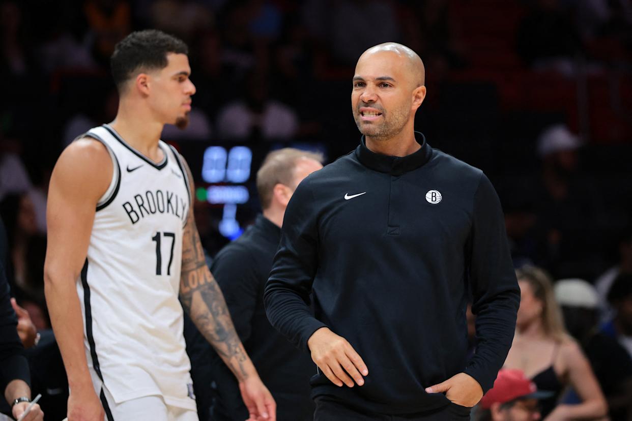 Nets coach Jordi Fernández reacts during a timeout.
