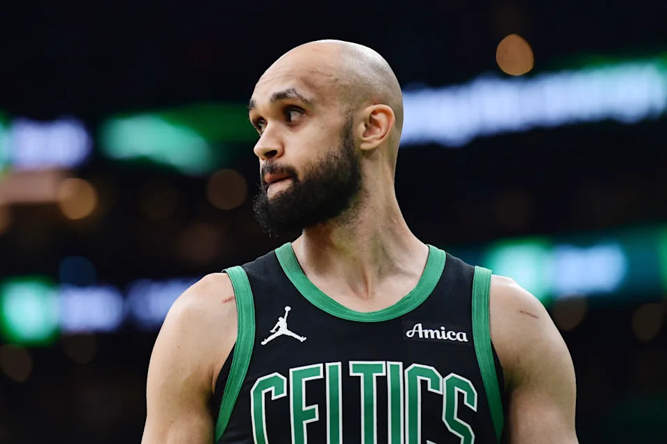 Boston Celtics guard Derrick White (9) looks on during a game.Bob DeChiara-Imagn Images