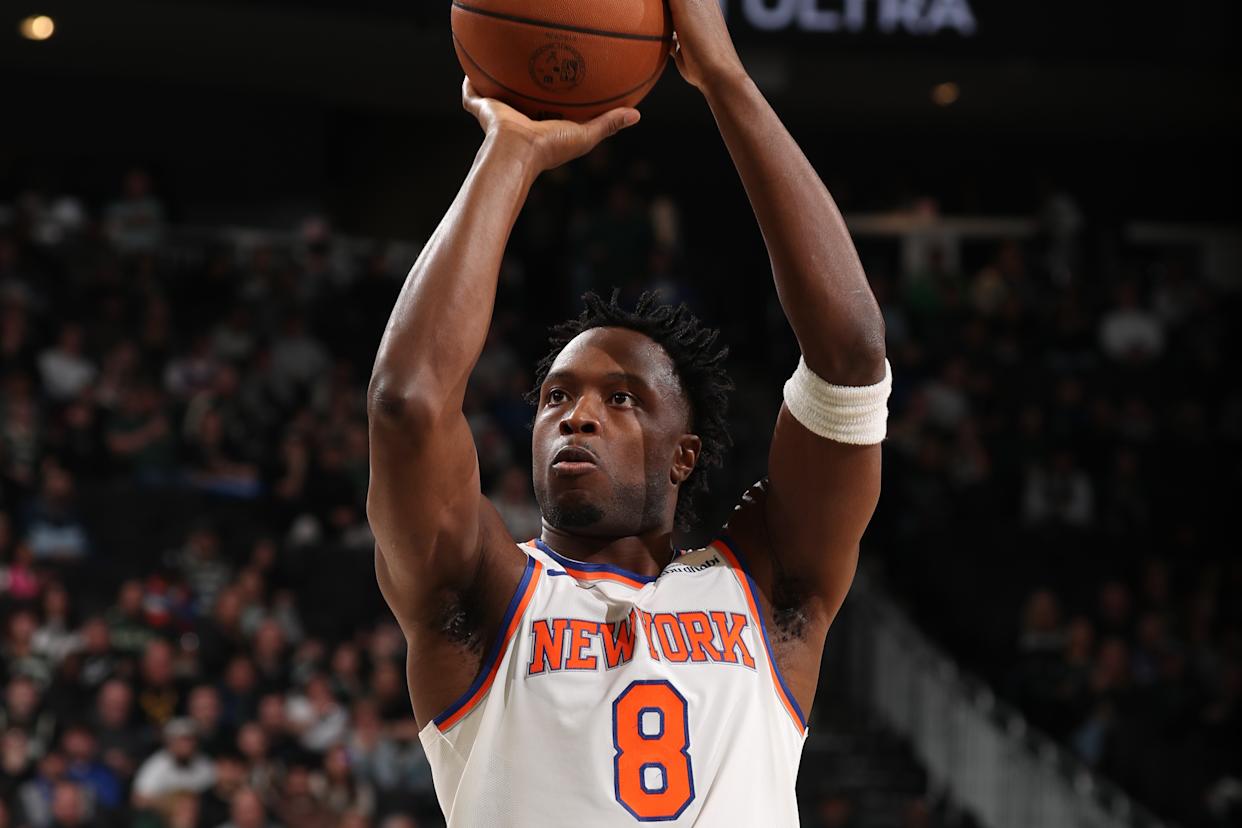 OG Anunoby #8 of the New York Knicks shoots a free throw during the game against the Milwaukee Bucks on February 27, 2026 at Fiserv Forum Center in Milwaukee, Wisconsin.