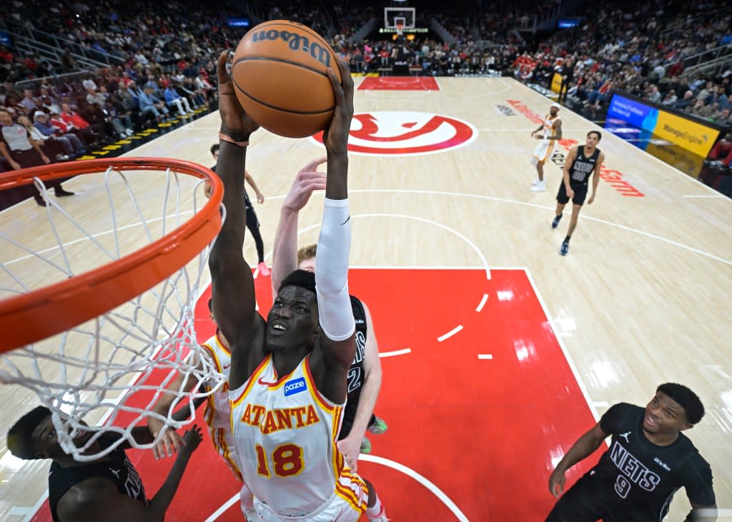 Mouhamed Gueye goes up for a dunk during the Nets’ road loss to the Hawks. NBAE via Getty Images