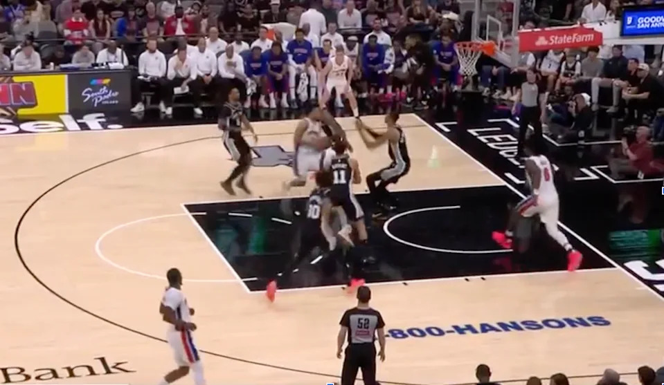 The Spurs had no problem swarming Cade Cunningham. (NBA broadcast screengrab)