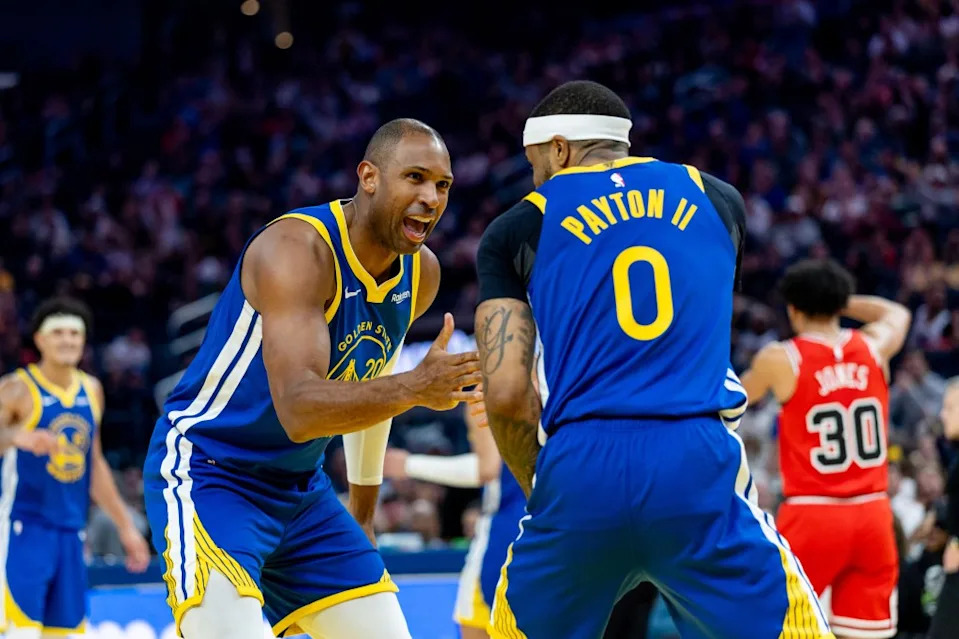 Warriors Al Horford (L) and Gary Payton II (R) celebrate during the match against the Chicago Bulls at Chase Center in San Francisco, March 10. Bob Kupbens-Imagn Images