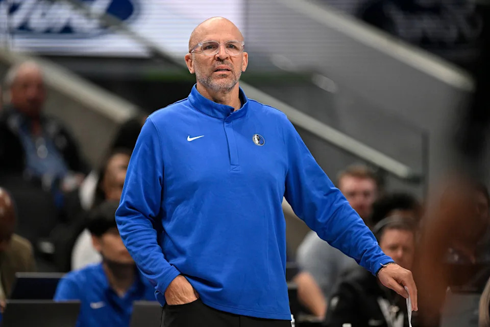 Mar 1, 2026; Dallas, Texas, USA; Dallas Mavericks head coach Jason Kidd looks on during the second half against the Oklahoma City Thunder at the American Airlines Center. Mandatory Credit: Jerome Miron-Imagn Images