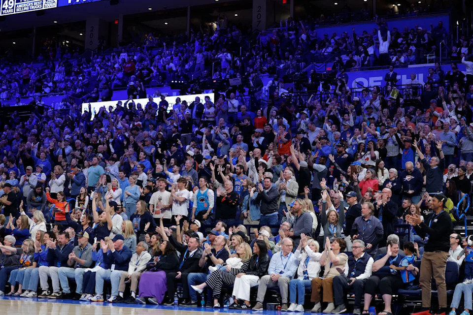 Mar 15, 2026; Oklahoma City, Oklahoma, USA; The Oklahoma City Thunder fans cheer for their team against the Minnesota Timberwolves during the second half at Paycom Center. Mandatory Credit: Alonzo Adams-Imagn Images