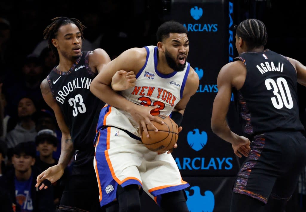 Karl-Anthony Towns fights for possession during the Knicks’ March 20 win over the Nets. Jason Szenes for the NY Post