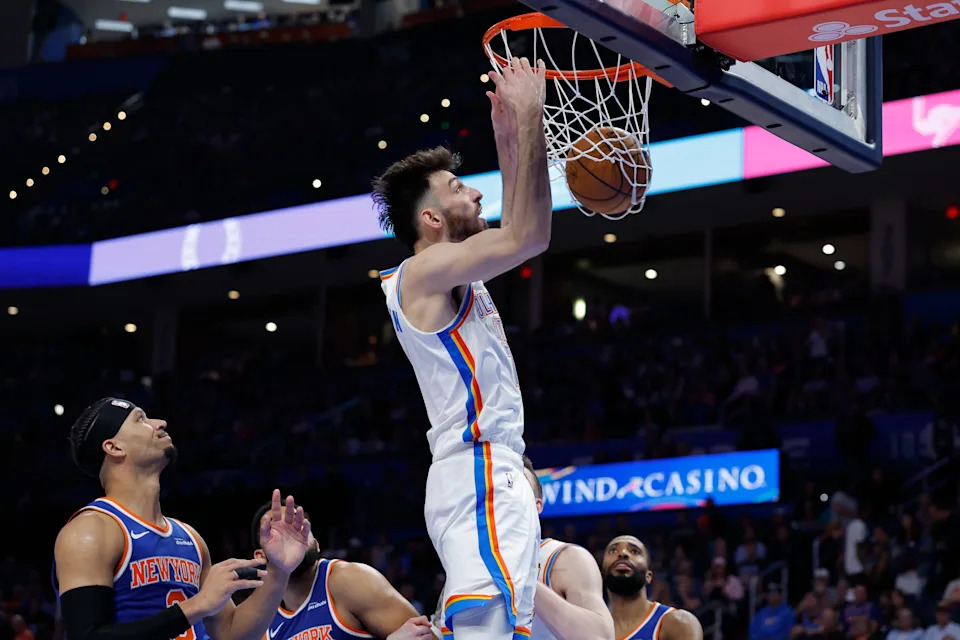 Mar 29, 2026; Oklahoma City, Oklahoma, USA; Oklahoma City Thunder center Chet Holmgren (7) dunks against the New York Knicks during the second half at Paycom Center. Mandatory Credit: Alonzo Adams-Imagn Images