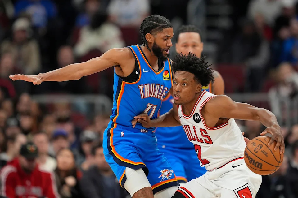 CHICAGO, ILLINOIS - MARCH 03: Collin Sexton #2 of the Chicago Bulls dribbles the ball against Isaiah Joe #11 of the Oklahoma City Thunder during the first quarter at the United Center on March 03, 2026 in Chicago, Illinois. NOTE TO USER: User expressly acknowledges and agrees that, by downloading and or using this photograph, User is consenting to the terms and conditions of the Getty Images License Agreement. (Photo by Patrick McDermott/Getty Images)