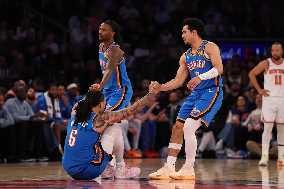 NEW YORK, NEW YORK - MARCH 04: Jared McCain #3 of the Oklahoma City Thunder helps up Jaylin Williams #6 during the third quarter against the New York Knicks at Madison Square Garden on March 04, 2026 in New York City. NOTE TO USER: User expressly acknowledges and agrees that, by downloading and or using this photograph, user is consenting to the terms and conditions of the Getty Images License Agreement. (Photo by Ishika Samant/Getty Images)