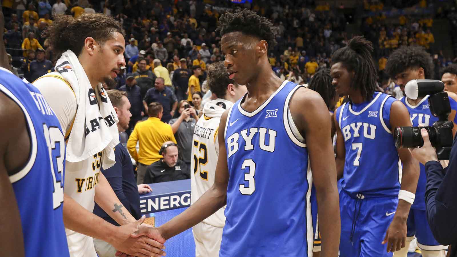 BYU Cougars forward AJ Dybantsa (3) talks with West Virginia Mountaineers center Harlan Obioha (55) after the game at Hope Coliseum.