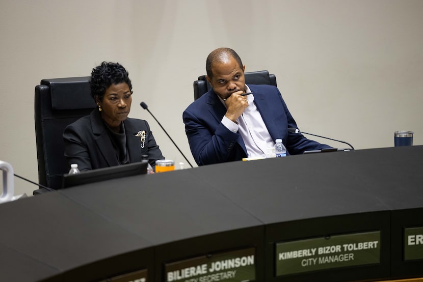 Dallas City Manager Kimberly Bizor Tolbert and Dallas Mayor Eric Johnson during the open-mic...