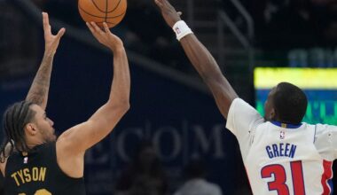 Cleveland Cavaliers guard Jaylon Tyson (20) shoots over Detroit Pistons guard Javonte Green (31) in the second half of an NBA basketball game in Cleveland, Tuesday, March 3, 2026. (AP Photo/Sue Ogrocki)