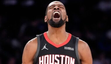 Houston Rockets forward Kevin Durant (7) reacts after scoring a 3-point goal during the second half of an NBA basketball game, Saturday, Feb. 21, 2026, in New York. (AP Photo/Yuki Iwamura)