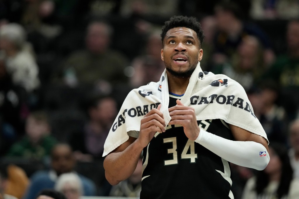 Milwaukee Bucks' Giannis Antetokounmpo looks on during the first half of an NBA basketball game against the Indiana Pacers, Sunday, March 15, 2026, in Milwaukee.